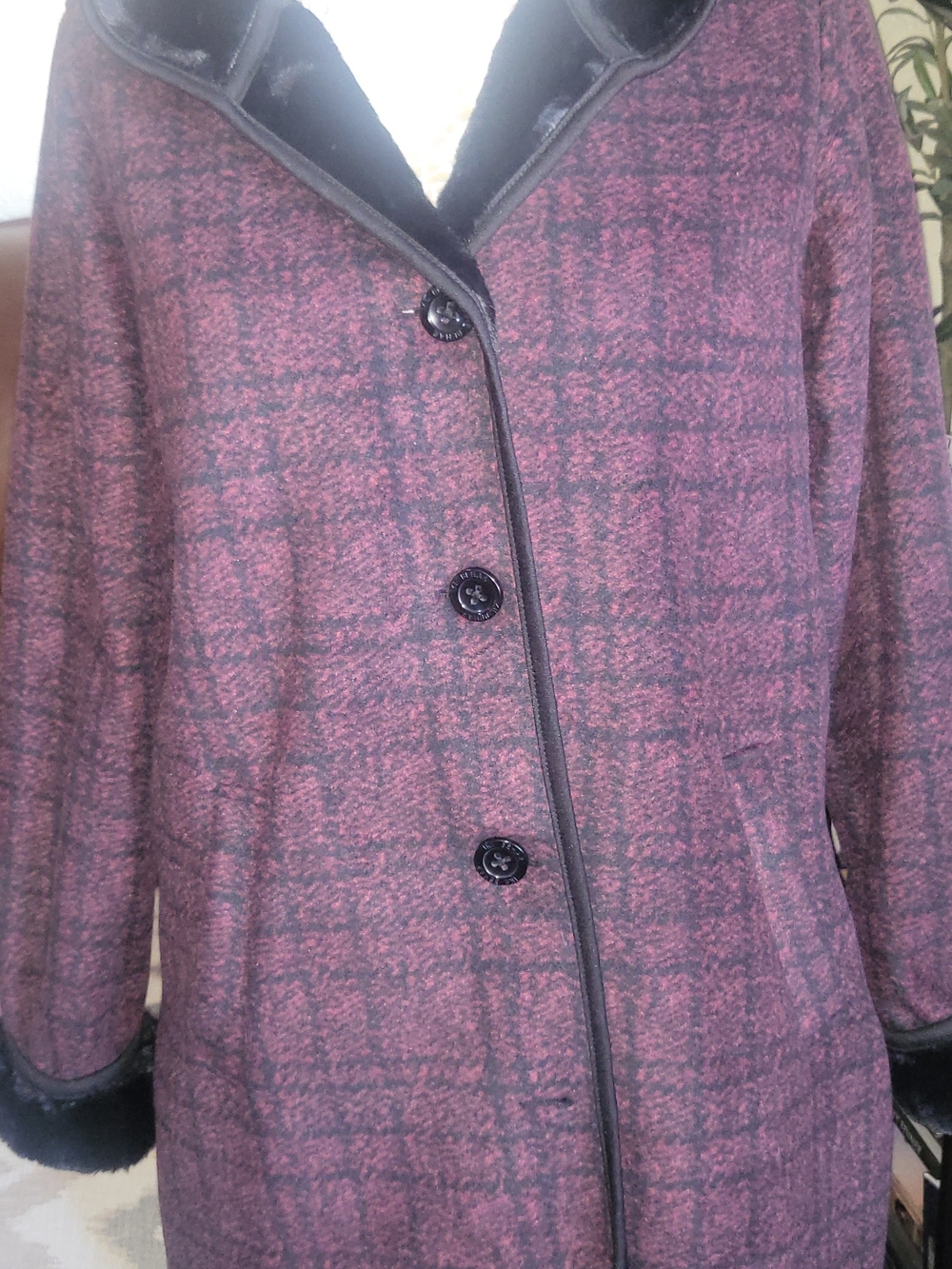Ike Behar Plum Plaid Pea Coat with Black Trim